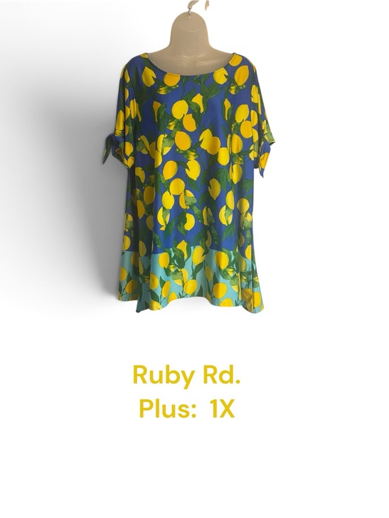 Ruby Rd. Tops - Ruby Rd. Blue Tunic with Yellow Lemon Print FUN!   PLUS: 1X   #J